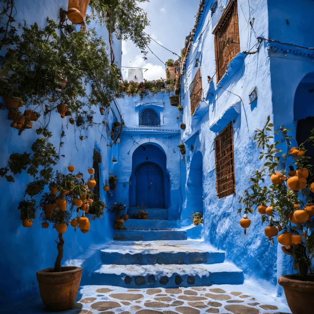 Stunning view of Chefchaouen, Morocco, with its iconic blue-painted buildings nestled in the Rif Mountains.