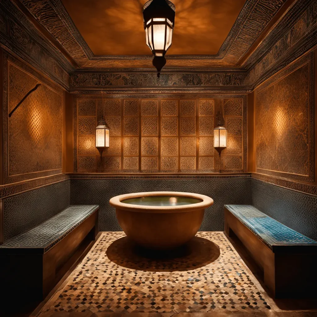 A traditional Moroccan hammam, featuring steamy interiors with intricate tile work and a relaxing atmosphere for a spa experience.