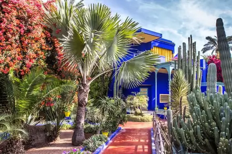 Majorelle Garden Marrakech blue buildings exotic plants artistic design